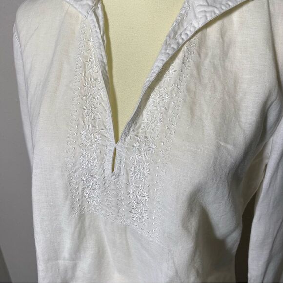 Promod White Linen Embroidered Long Bell Sleeve Top Tunic Women's Size Medium - Picture 5 of 16